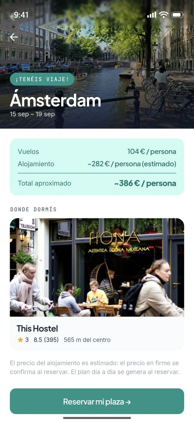 App de Roamio: resumen de un viaje en grupo a Ámsterdam con vuelos y alojamiento