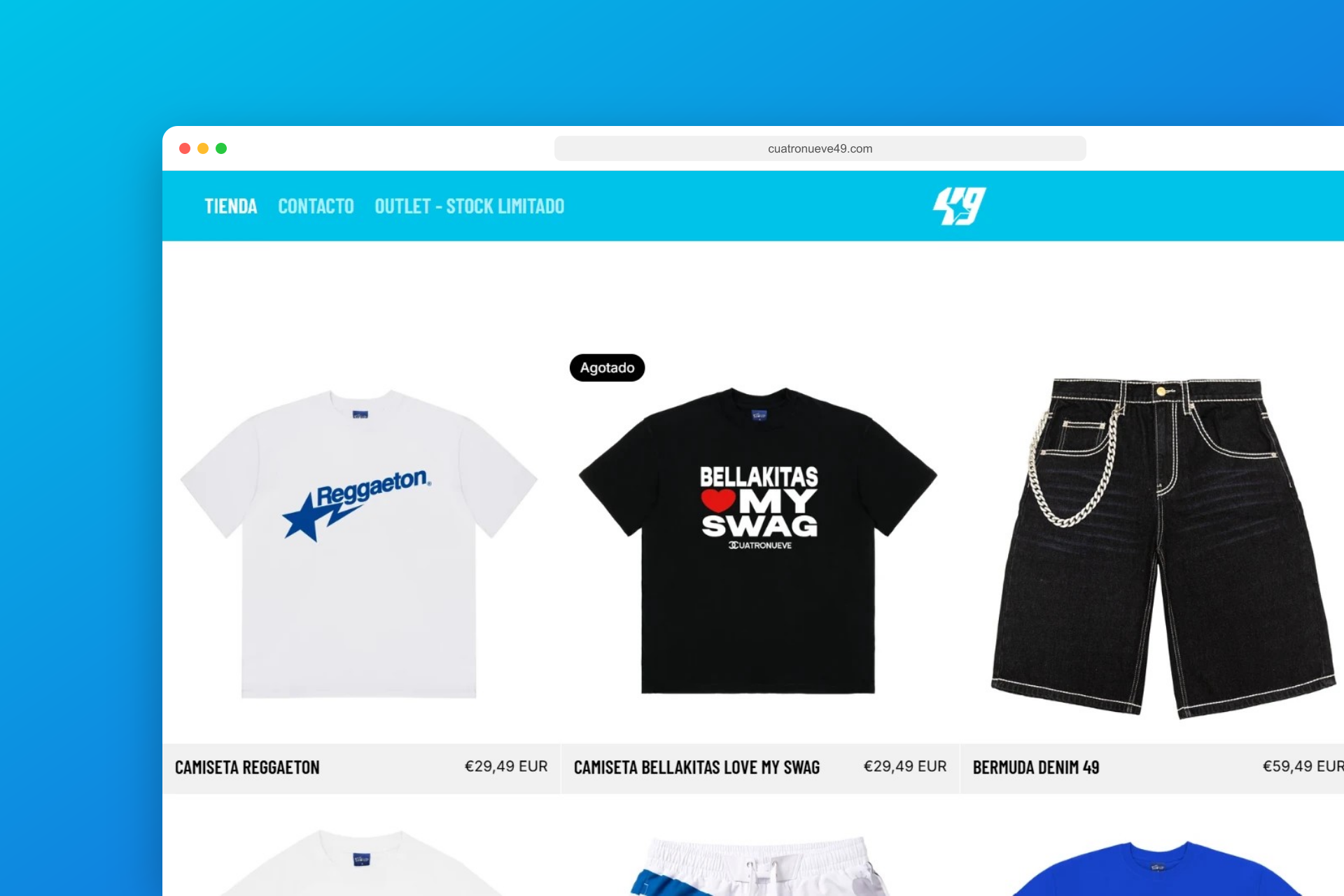 Cuatronueve49: Tienda online en Shopify para una marca de ropa urbana, con catálogo, outlet y pago integrado.